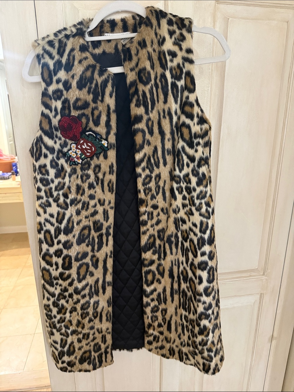 Alice + Olivia Leopard Print Faux Fur Vest with Rose Patch - Tan, Black, Brown